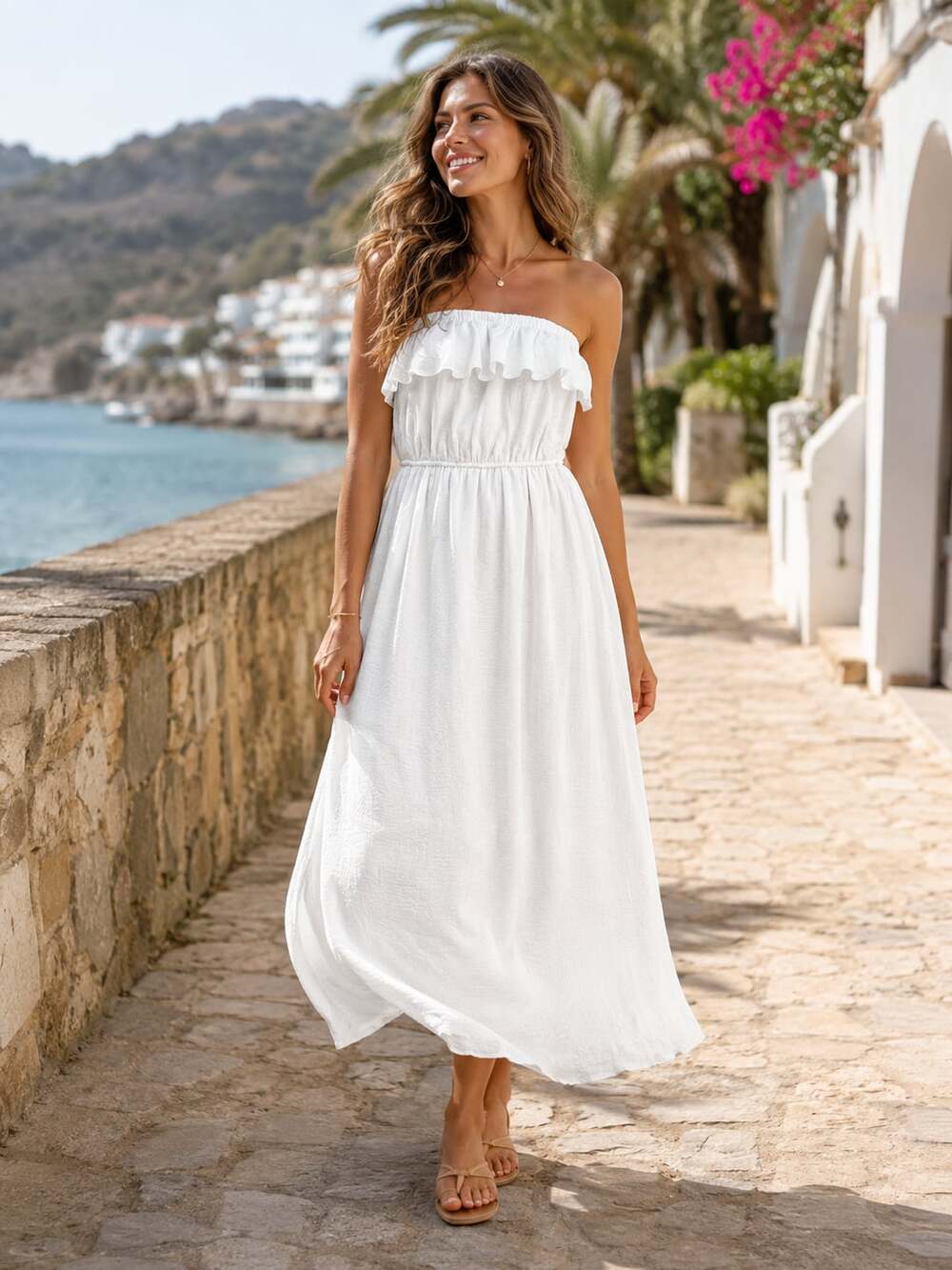 Trixxi White Strapless Ruffle Trim Maxi Dress Cotton Lined Boho Size Medium